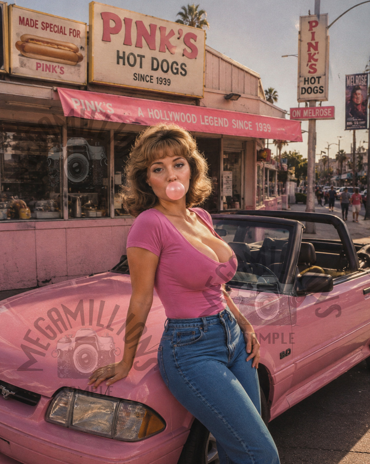 1990’s Sexy WOMAN GORGEOUS PHOTO MODEL – 608 – FORD MUSTANG PINKS HOT DOGS