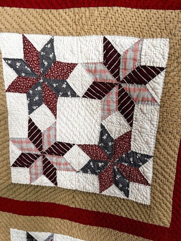 antique quilt patchwork stars red gold and white 69 x 87 print back original