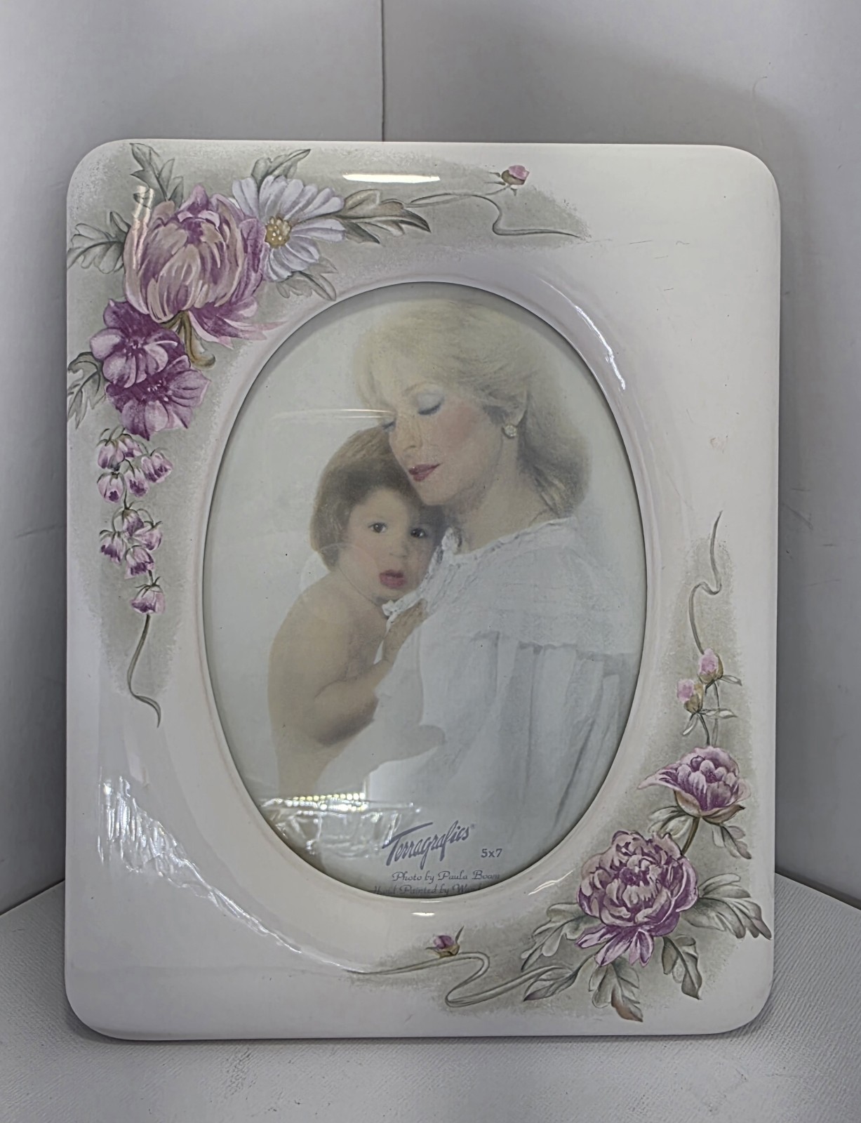 1980s Terragrafics Ceramic Picture Photo Frame 5×7 White Pink Purple Flowers NEW