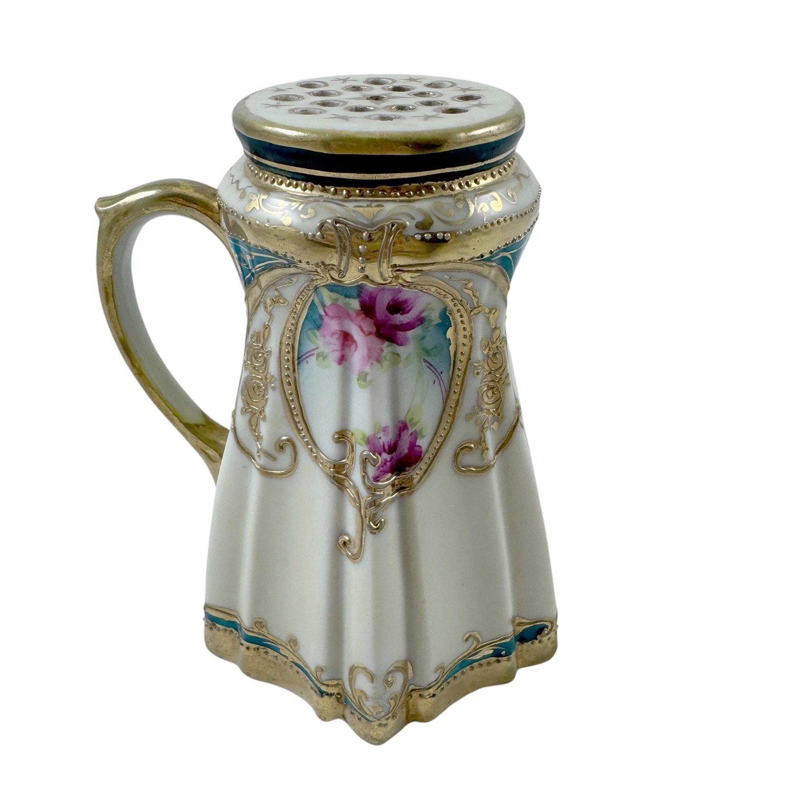 Antique Sugar Shaker Muffineer Hand Painted Porcelain Gold Gilt Nippon