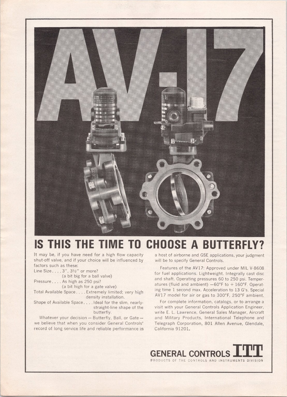 General Controls ITT AV-17 Vintage Print Ad 1966 Butterfly Valve