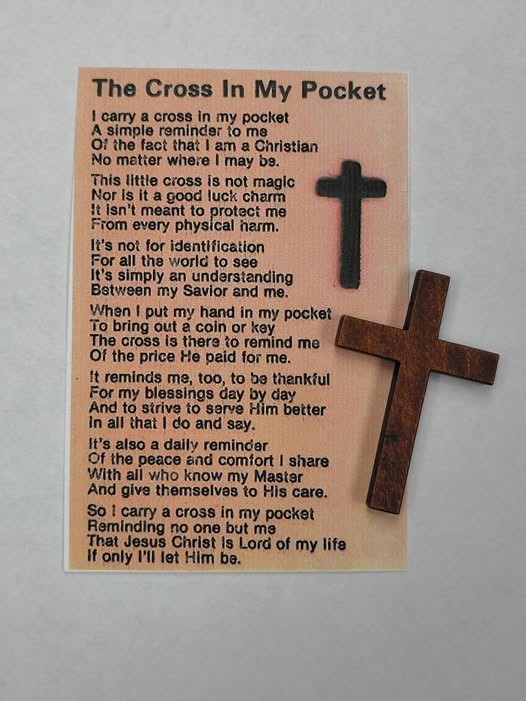 The Cross In My Pocket poem card with a Light Weight 1-3/4″ DARK WOOD Cross