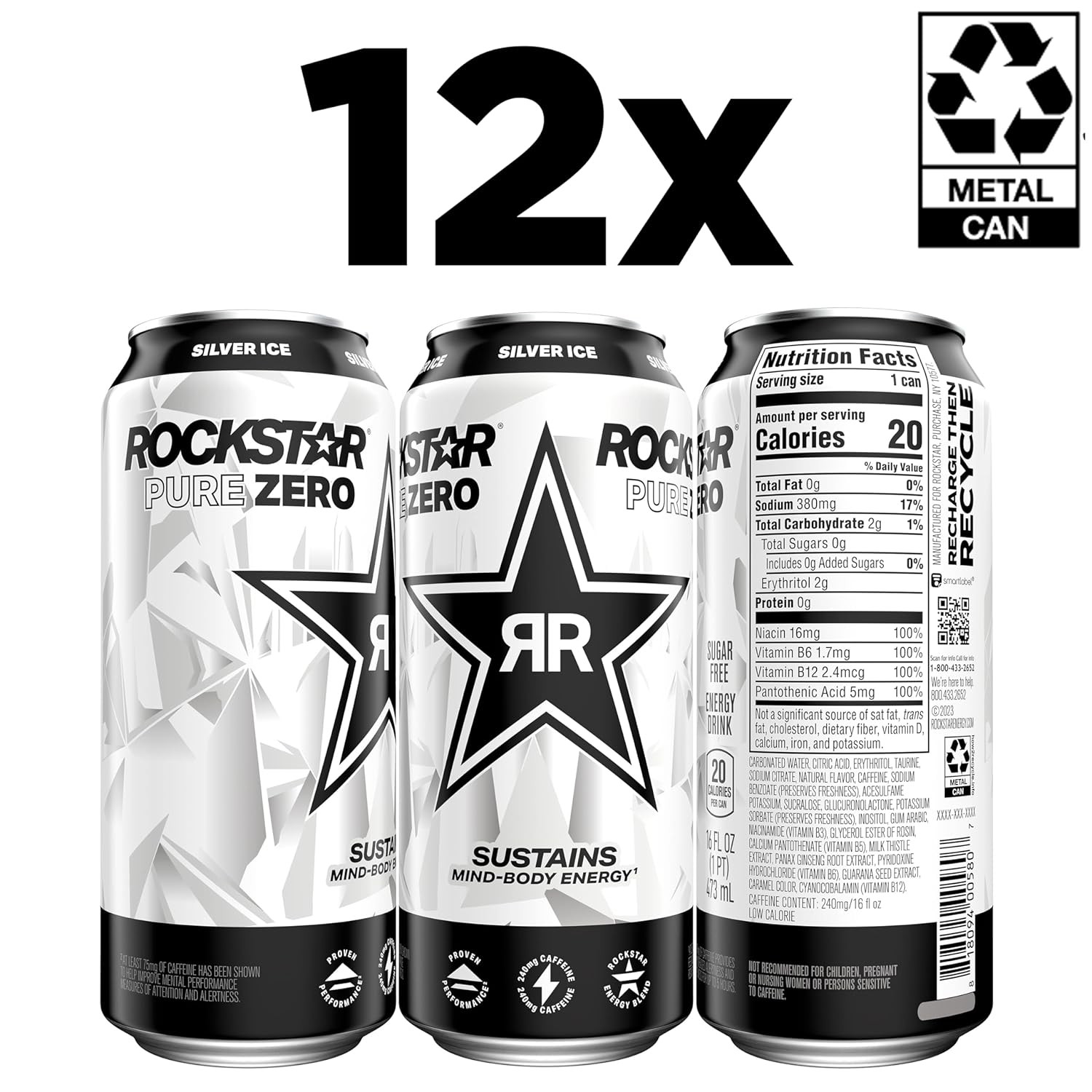 Silver Ice Rockstar Zero Sugar Energy Drink with Caffeine Taurine