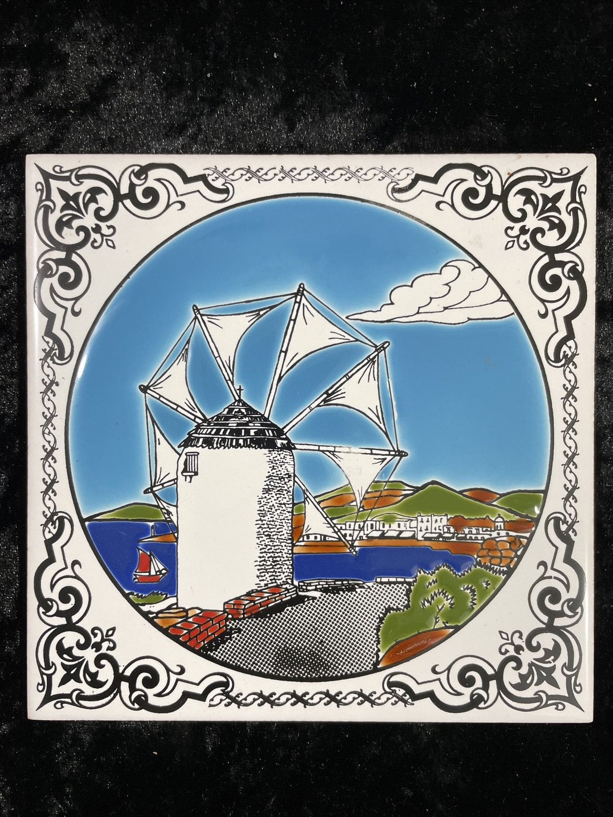 Polychrome Handmade Tile or Trivet of Windmill, Sailboat, Town and Hills – Dutch