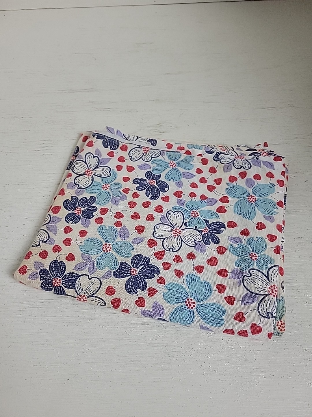 Vintage Feed Sack Flour Sack Blue Red Floral Dogwood Pattern Fabric Textile