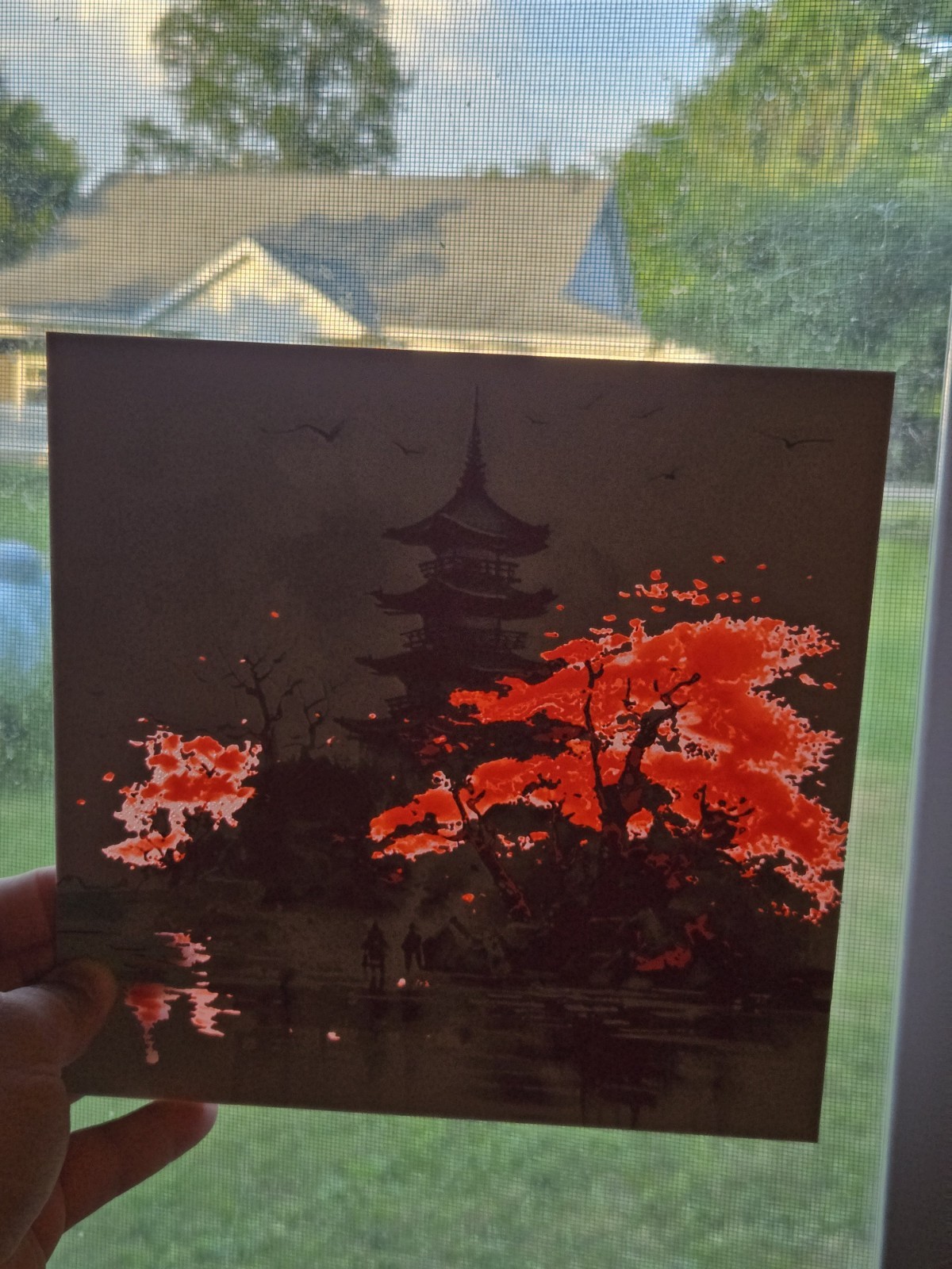 3D Printed Desk/Wall Art, Japan Inspired Hueforge Natural Light Glow, 8in X 8in.