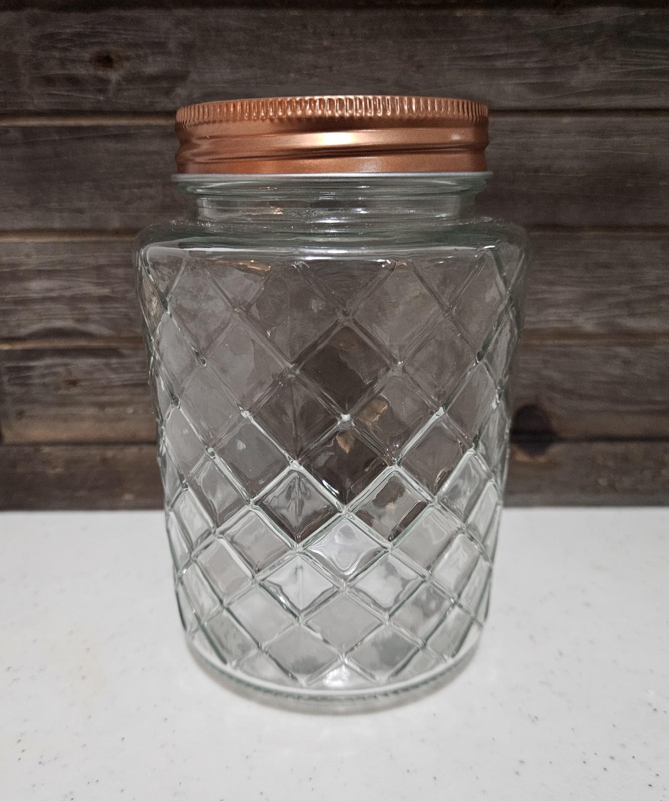 Glass Storage Jars w Copper Tone Tin Screw Lid Lattice Diamond Design- priced ea