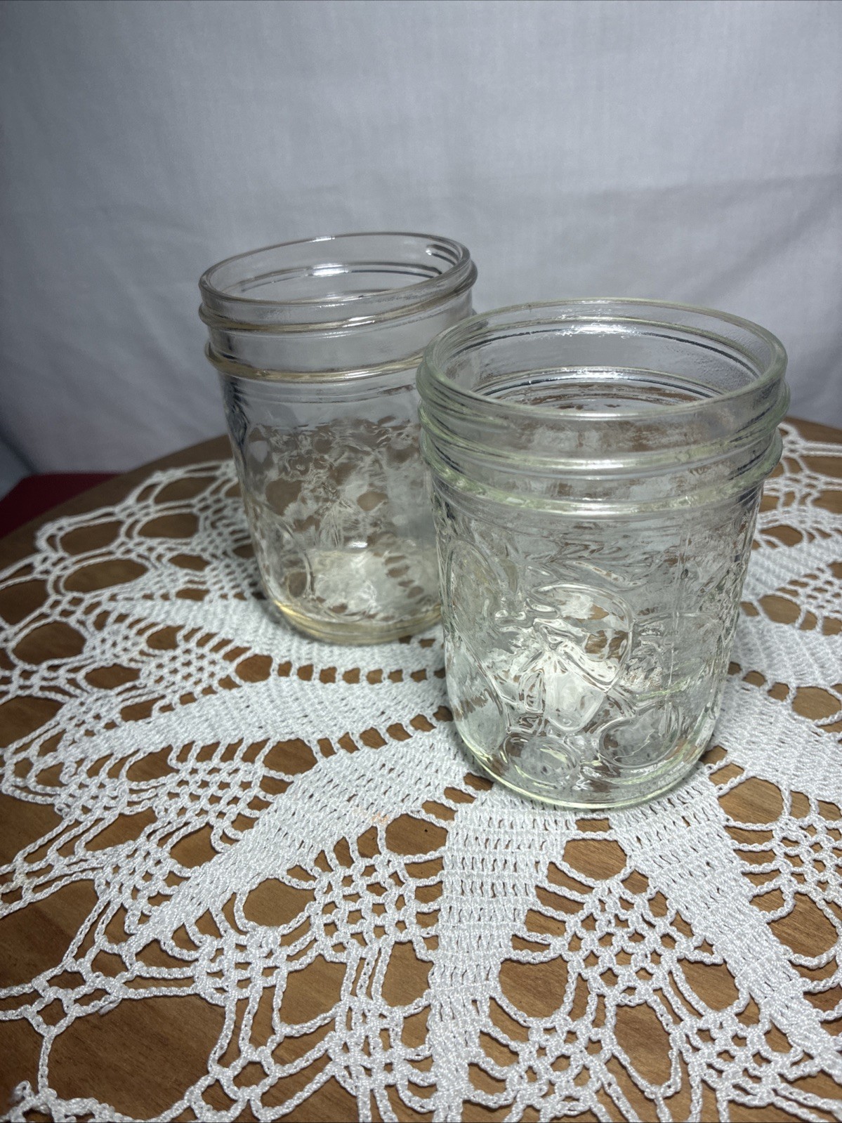 2 Anchor Hocking Fruit Embossed 8 Oz Canning Jelly Jars * NO LIDS *. 1 Vtg 72