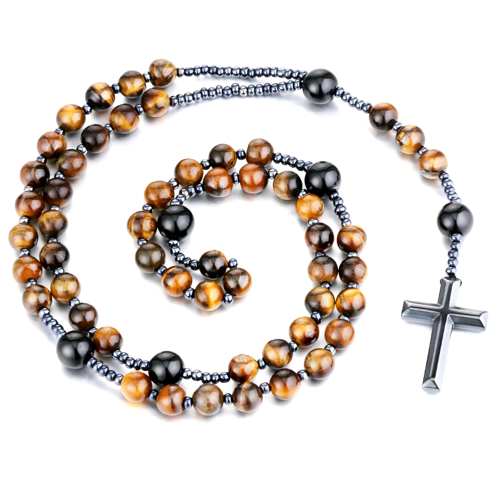 Brown Jade Rosary Natural Stone Rosary Beads Healing Hematite Cross Necklace