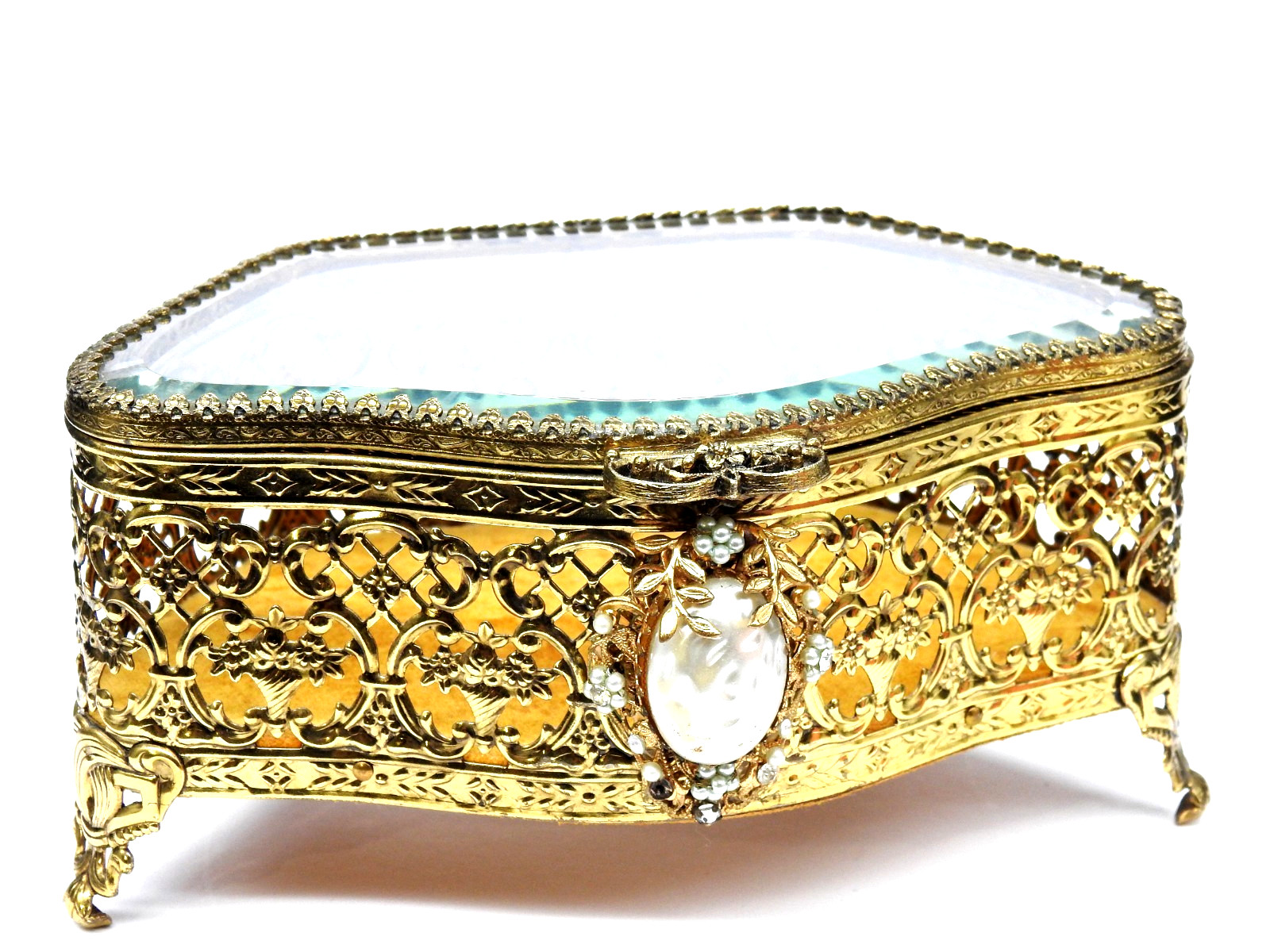 Vintage Ormolu Style Beveled Glass Jewelry Casket Pearl Vanity Trinket Box 6.5″