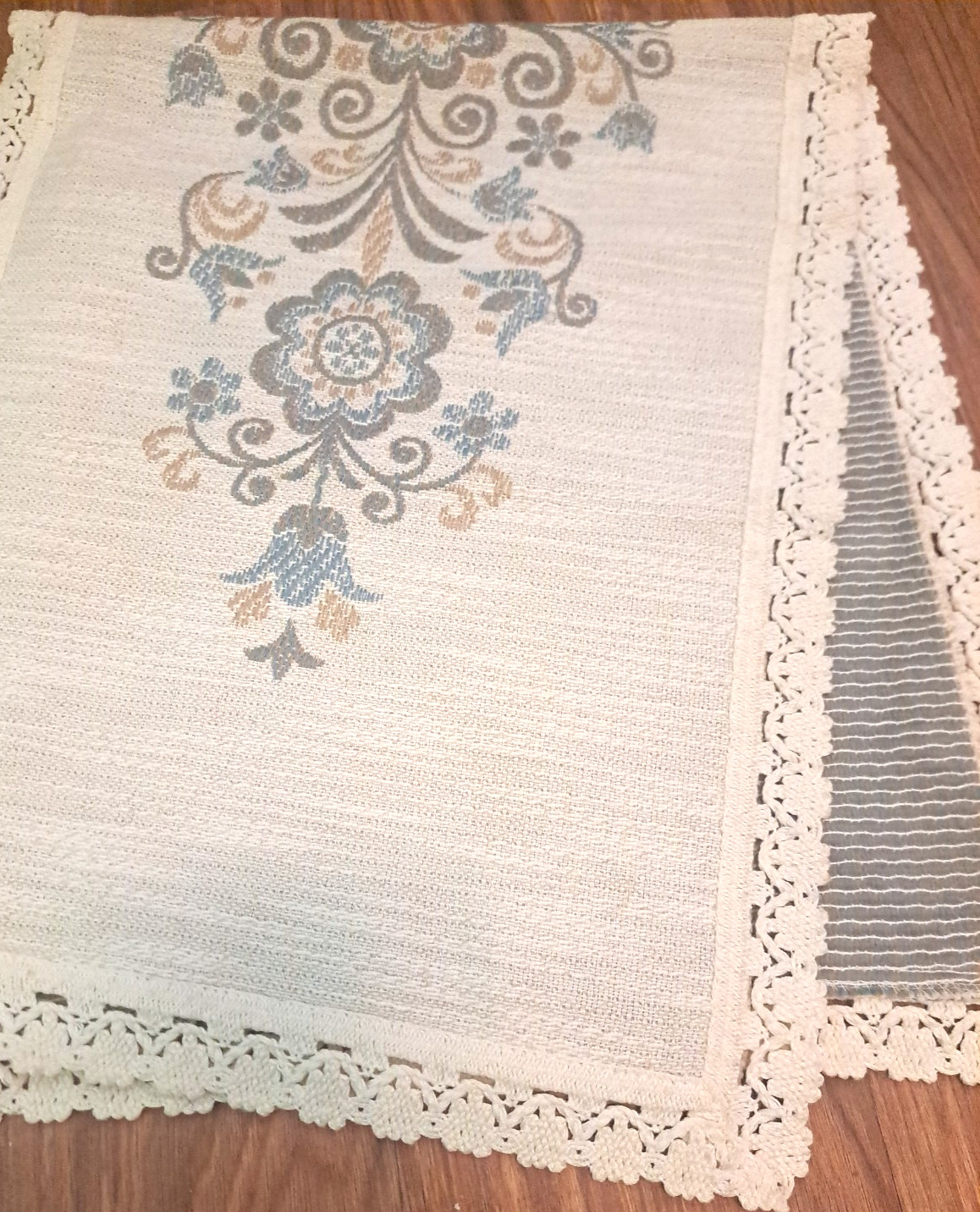 Vintage Linen Blend Table Runner Austria Beige Blue Boho Country Cottage 16×37