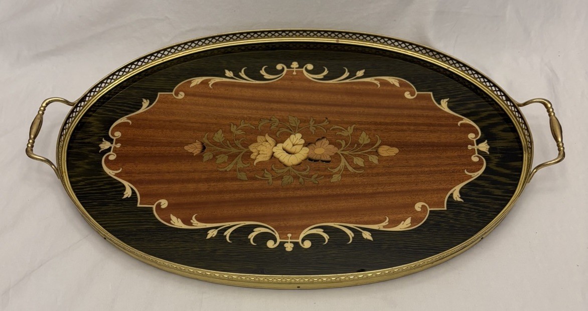 Italian Oval Serving Tray Inlaid Wood Floral Brass Trim 18.5” Italy VTG 1960s