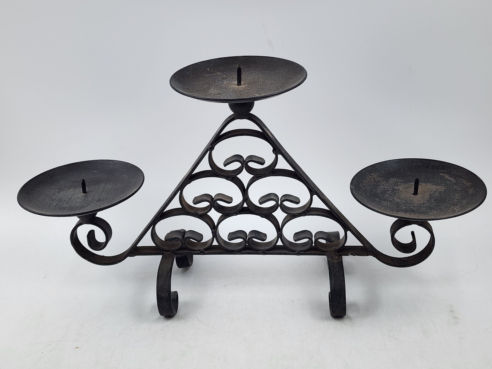 Black Iron Metal 3 Tier Pillar Candle Holder Scroll Design Centerpiece