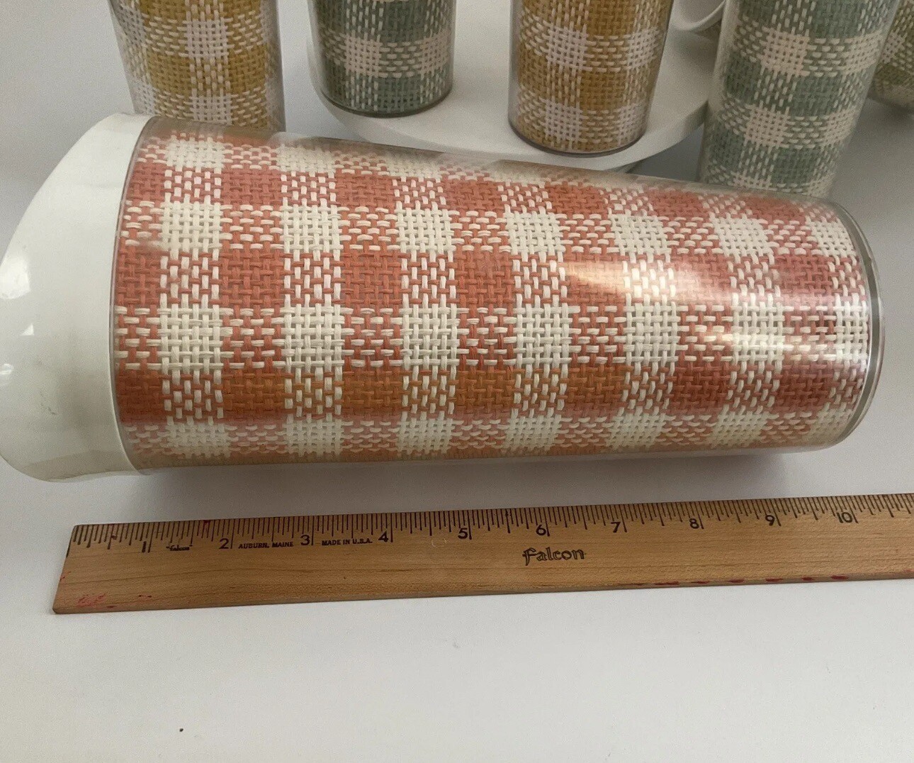 Vintage MCM Raffiaware Duo Temp Melmac Plaid Woven Burlap Pitcher & 5 Cups