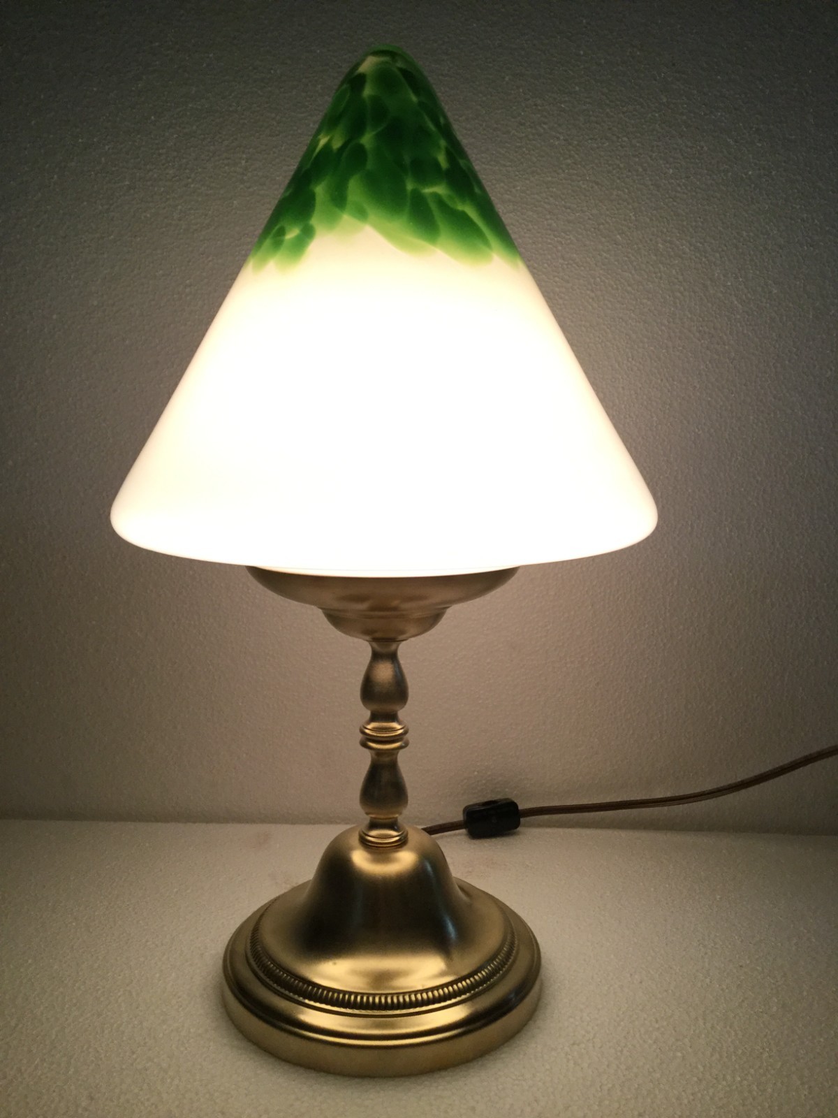 Brass Table Lamp Conical Milk Glass Shade Emerald Green Art Deco Modern Flare