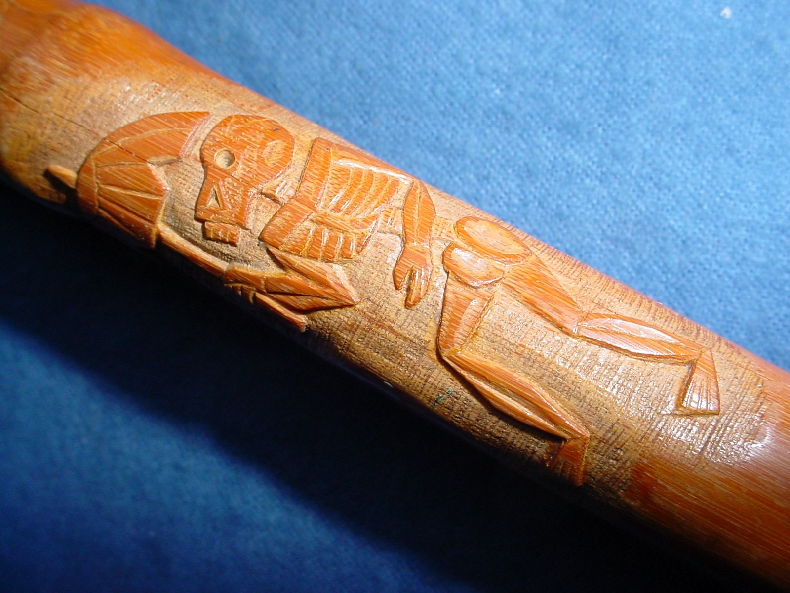OLD SIGNED CHINESE BAMBOO ROOT STOCK CANE WITH CARVED SKELETONS WALKING STICK