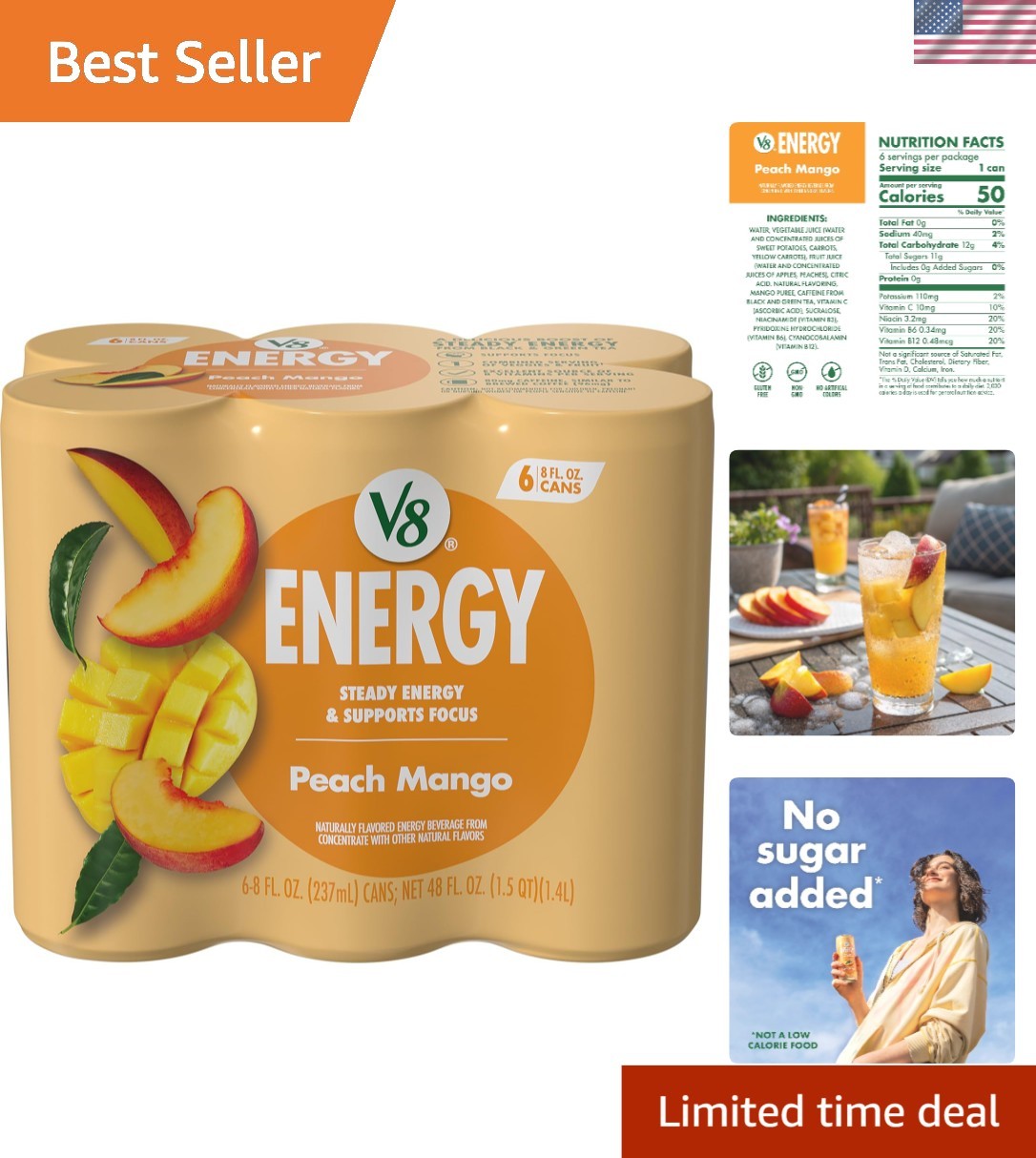 6 Can Pack of Peach Mango Energy Drink – Non-GMO, Low Calorie, Deliciously Sweet