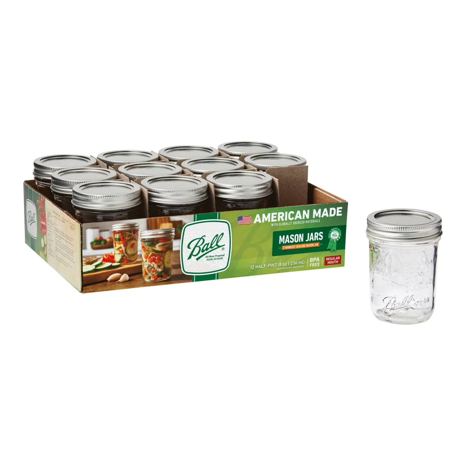 Ball Glass Mason Jar w/ Lid & Band, Regular Mouth, 8 Ounces, 12 Count