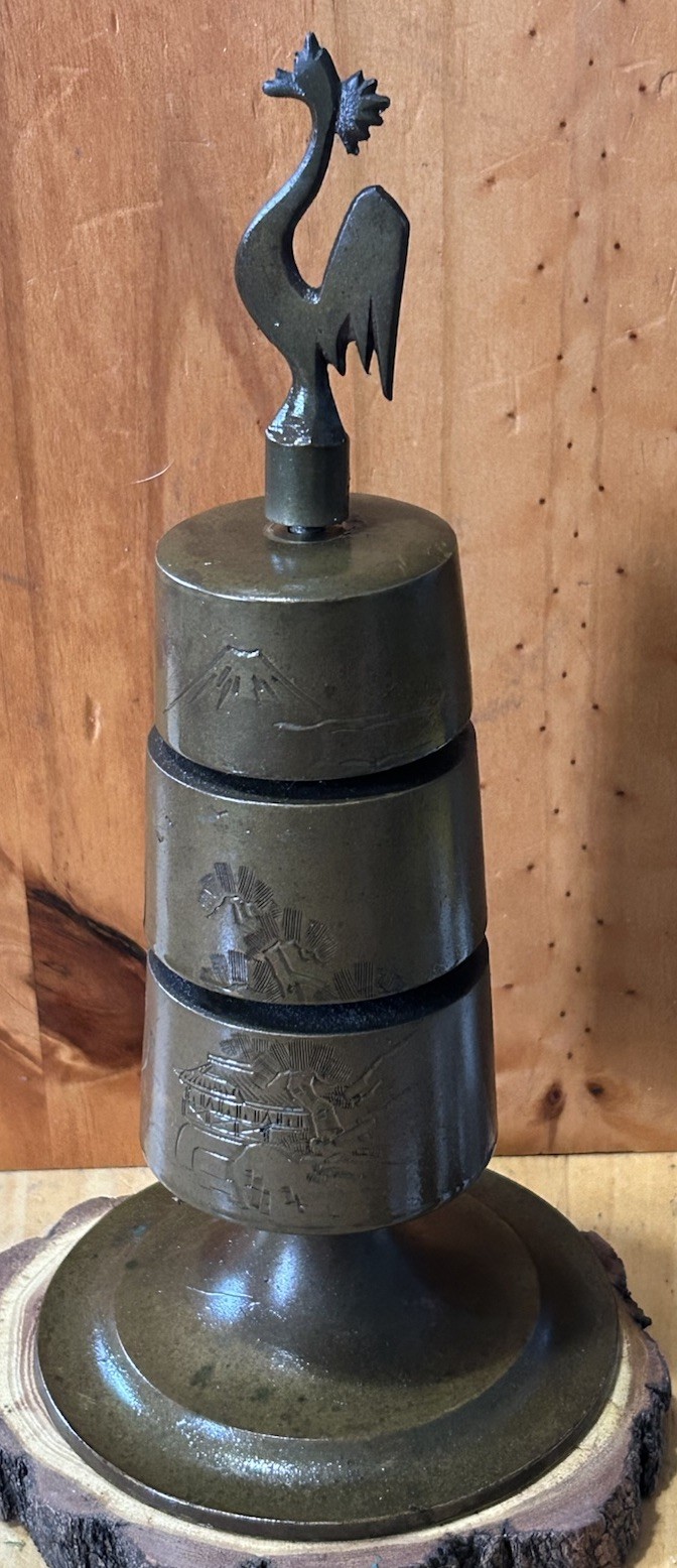Oriental/Tibetan Large Brass Or Bronze Bell Tower Etched Antique Rooster Top 9.5