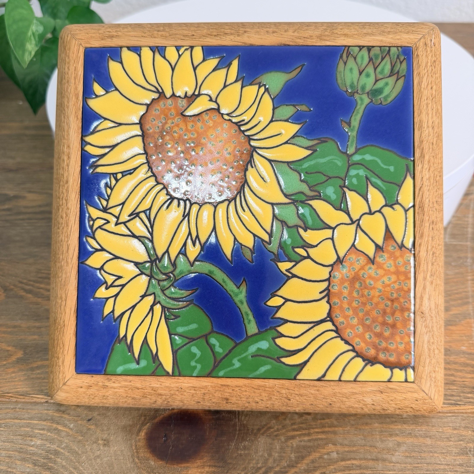 Vintage Sunflower Trivets Wood & Ceramic Wall Tile Country Farmhouse