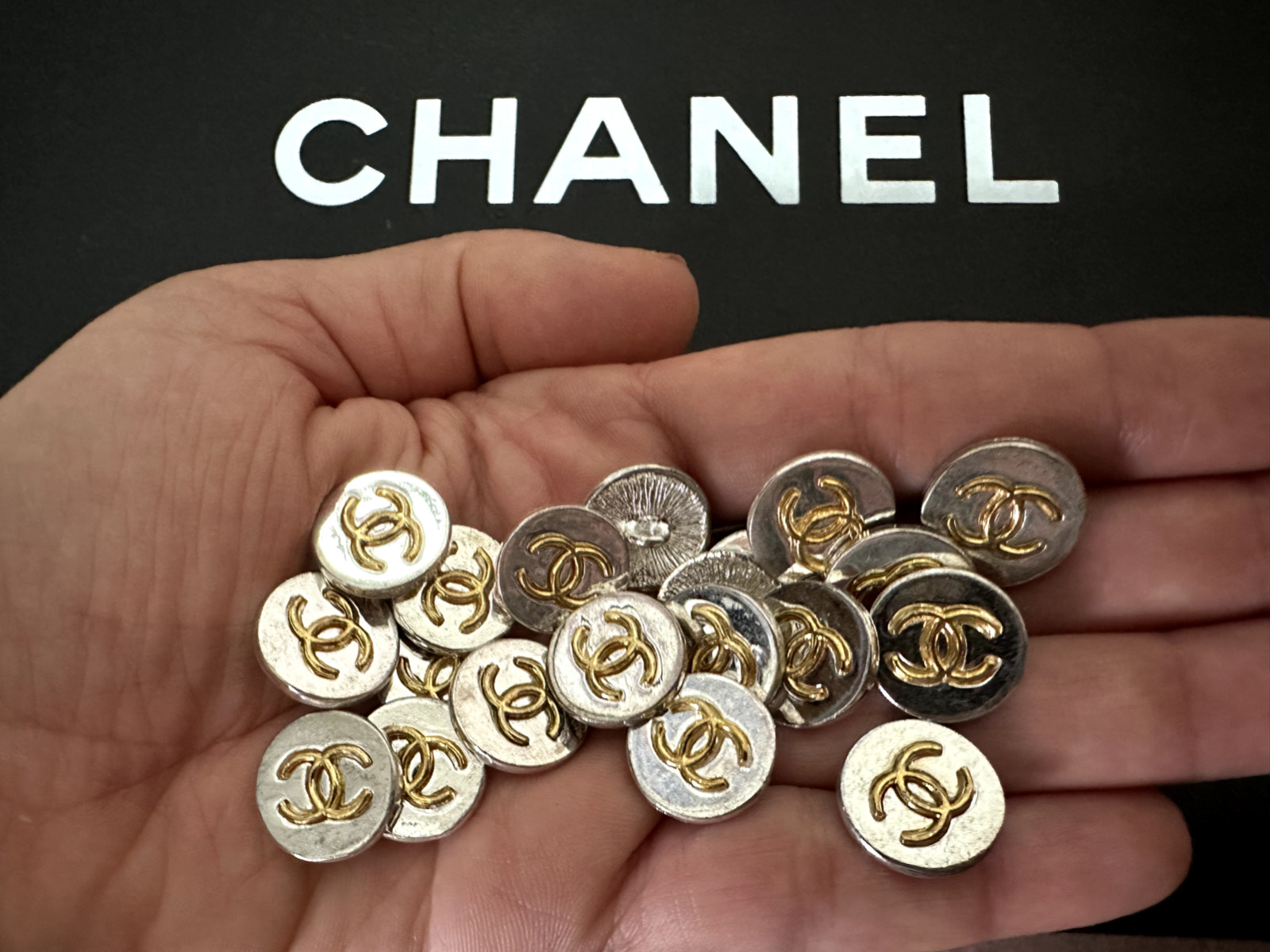 Vintage CHANEL Silver color Metal Button CC Logo in gold High Relief LOT OF 12