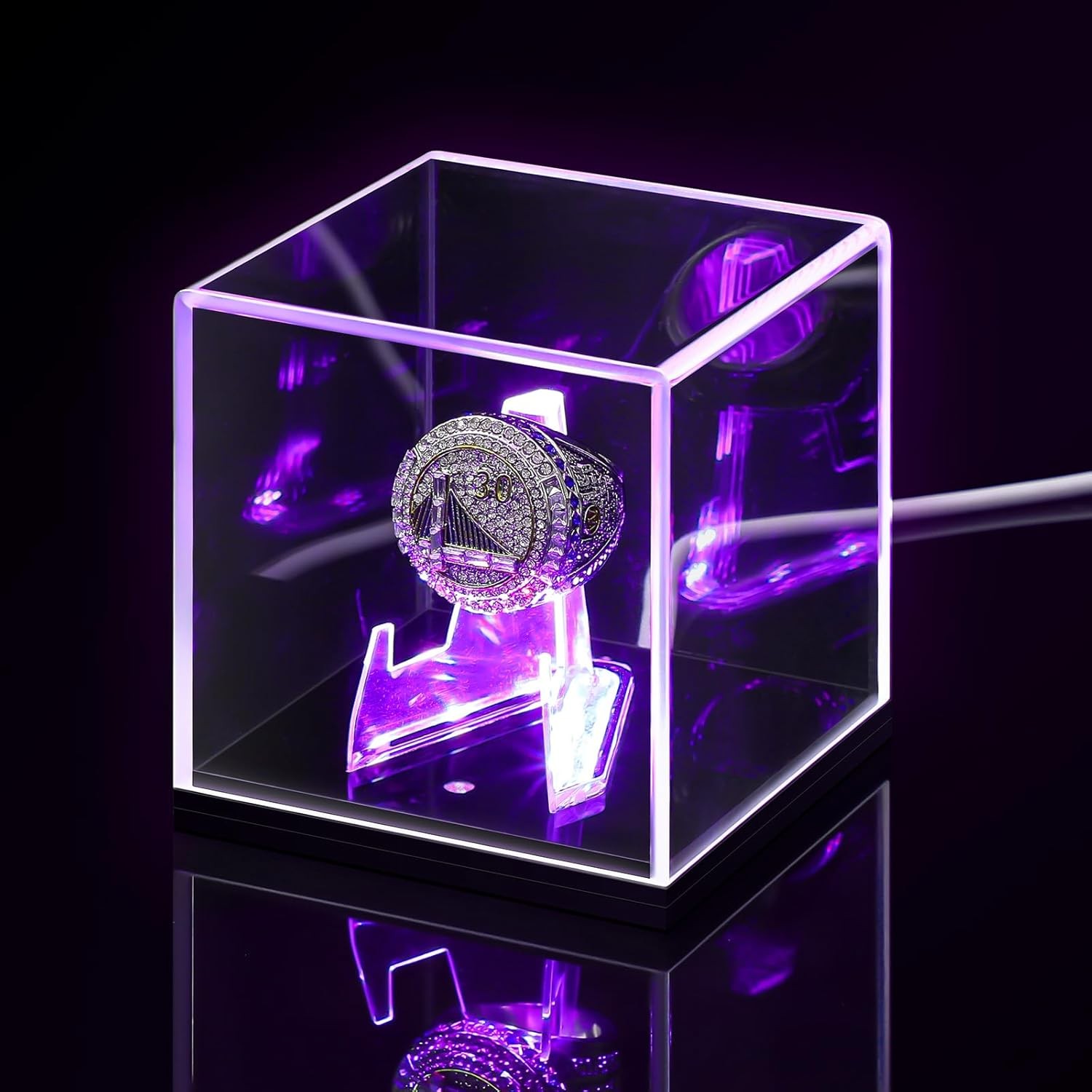 Acrylic Championship Ring Display Case with LED Light 7 Color Clear