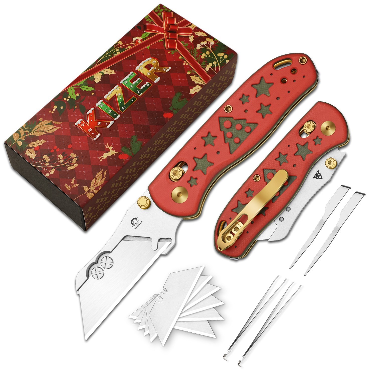 Kizer Uti BEAR 1 Dual-screw Christmas Utility Folding Pocket Knife G10 Handle