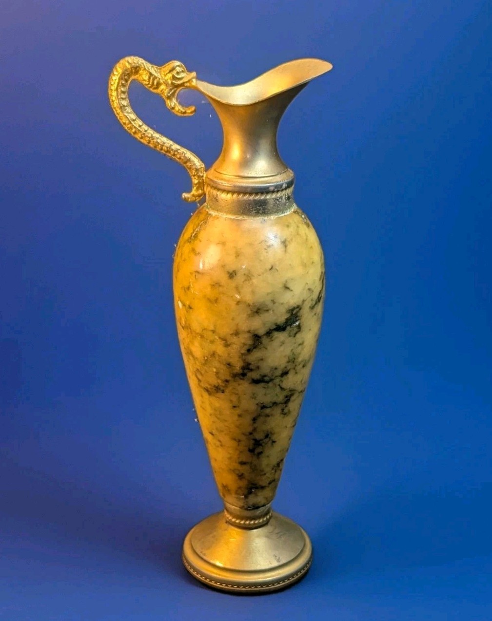 MCM Grecian Style Onyx/Alabaster & Brass Ewer Snake Handle Souvenir Bud Vase