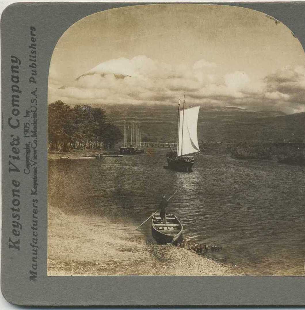 Mount Fuji and Boats, c1900, Famous Places, Stereoview