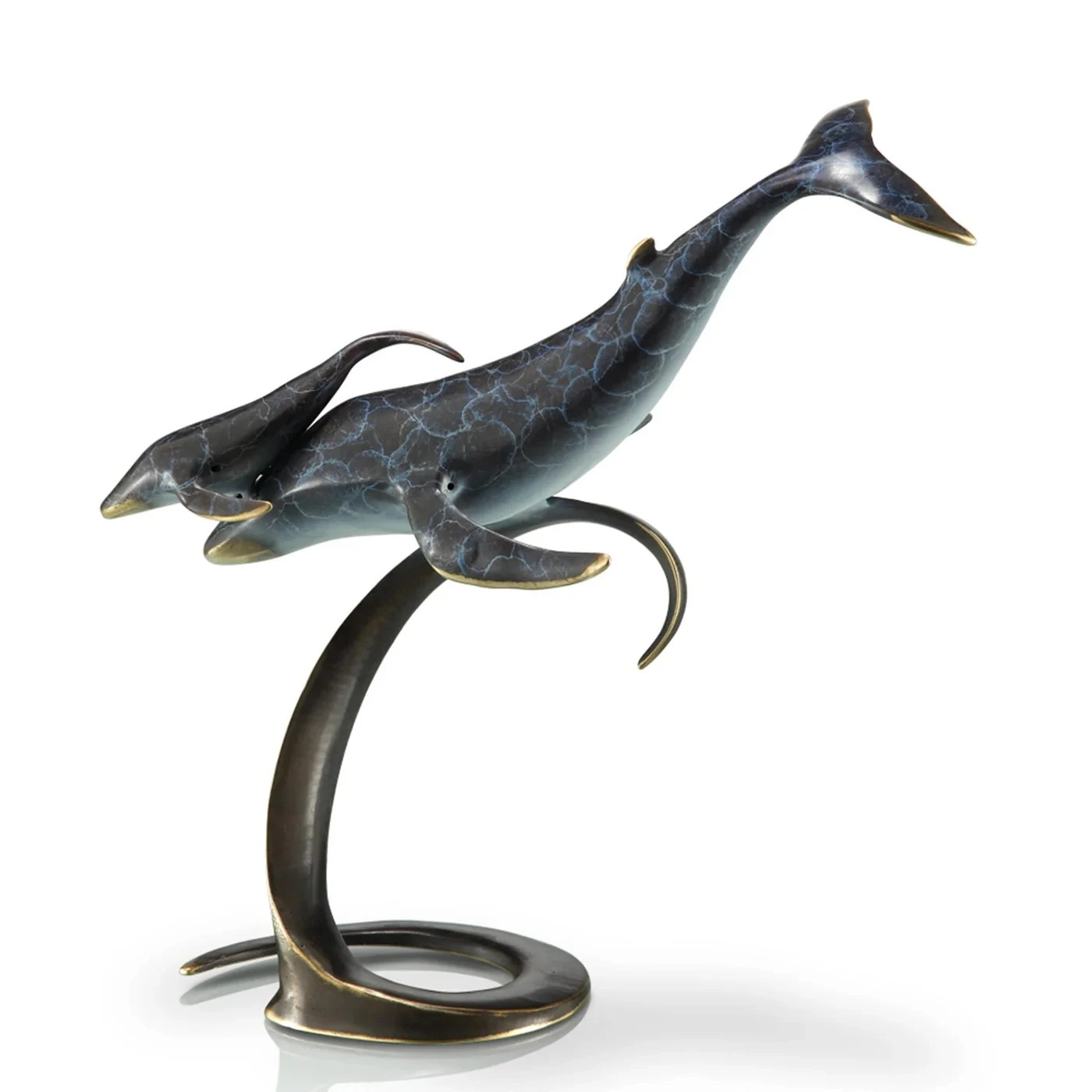 Whale Pair on Wave Brass Sculpture Coastal Nautical Decor Ocean Figurine Statue