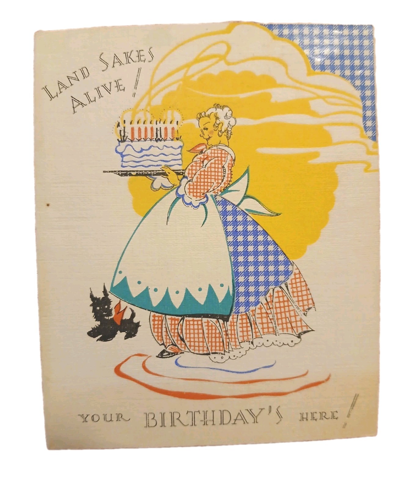 Vintage 1930s Birthday Card Grandmother Carrying Birthday Cake & Scottie Dog