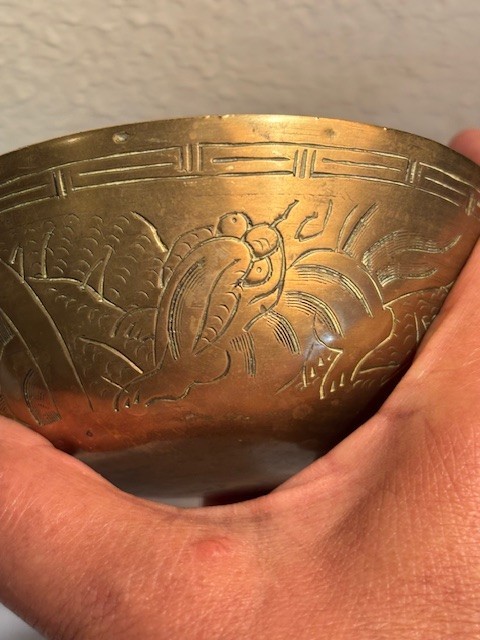 Vintage Chinese Hammered Bronze Brass “Singing Bowl” Carved Wave Motifs 4 1/2″ D