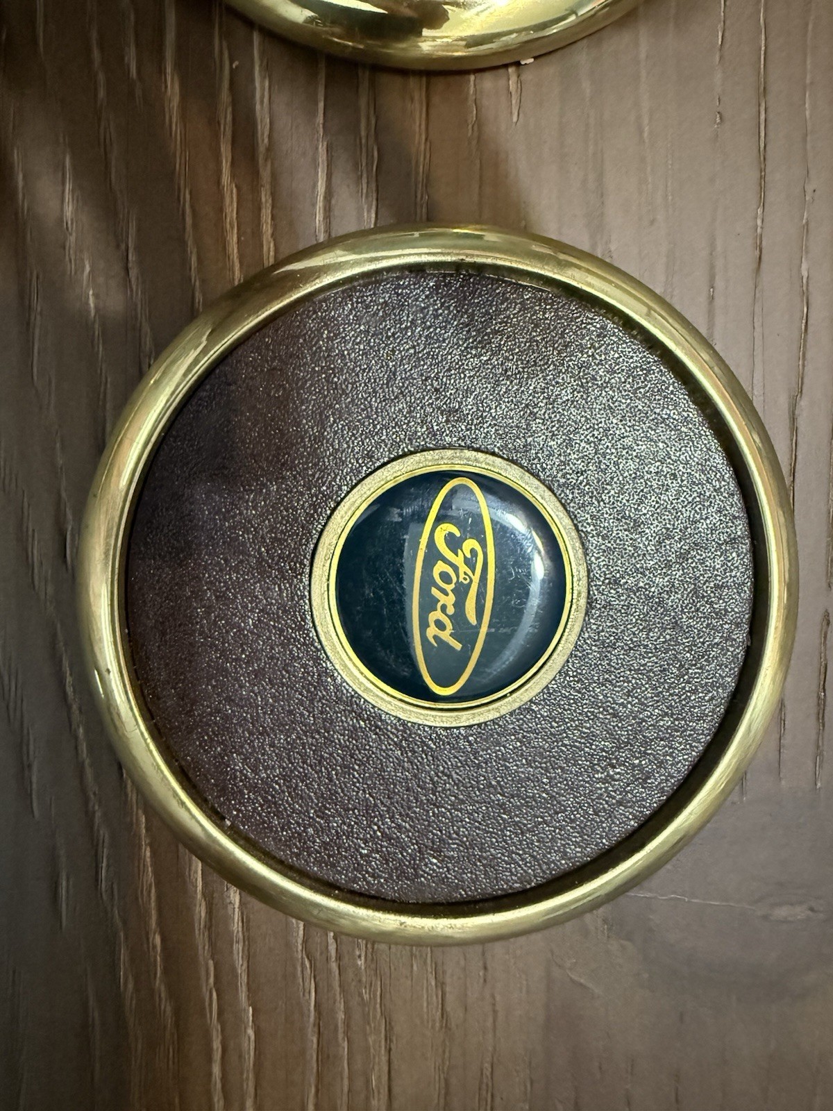 Vintage “Ford” Solid Brass & Leather Coaster Set of 3 BTS 1980s