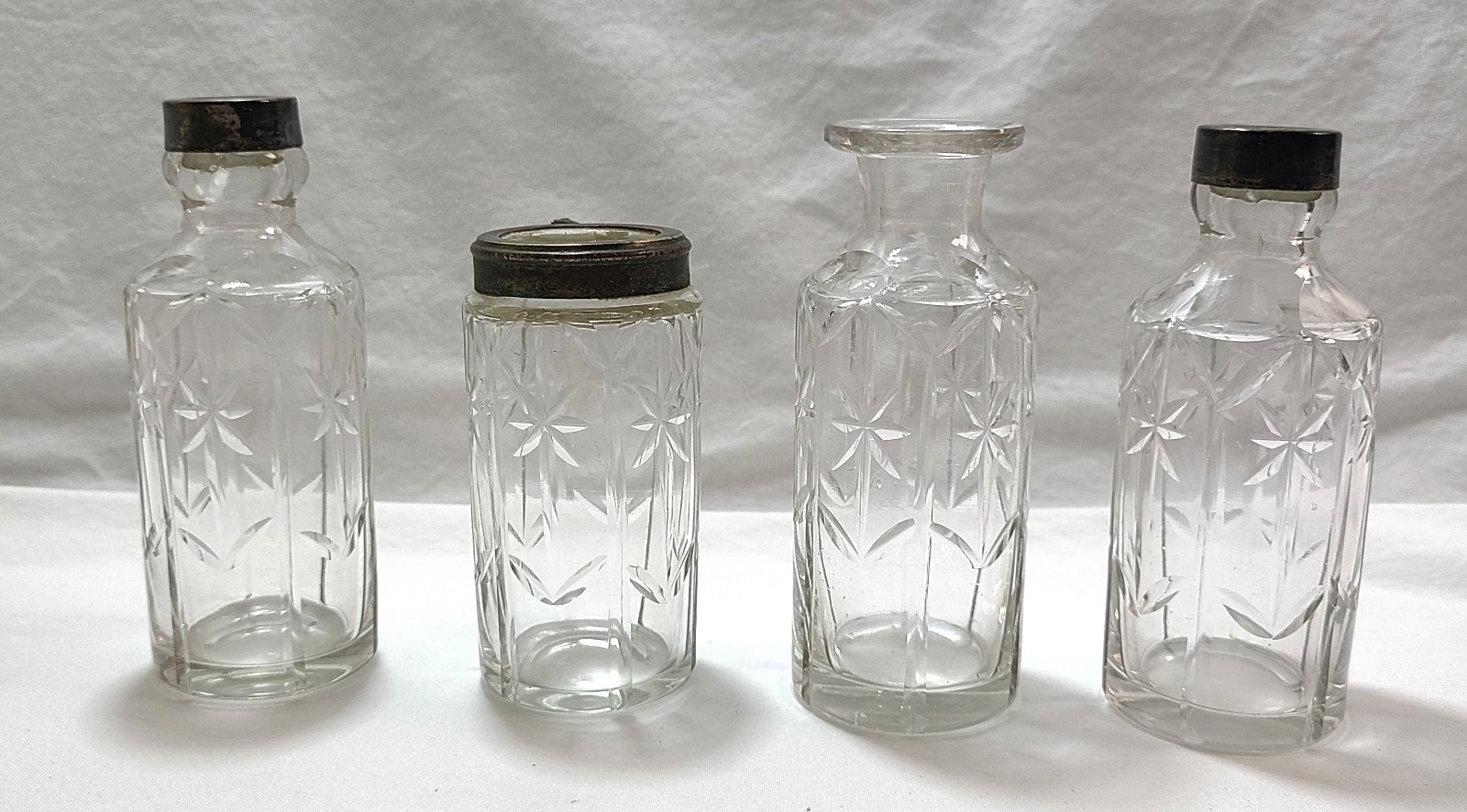 Antique Perfume Apothecary Bottles Glass Silverplate UV Glow Lot 4