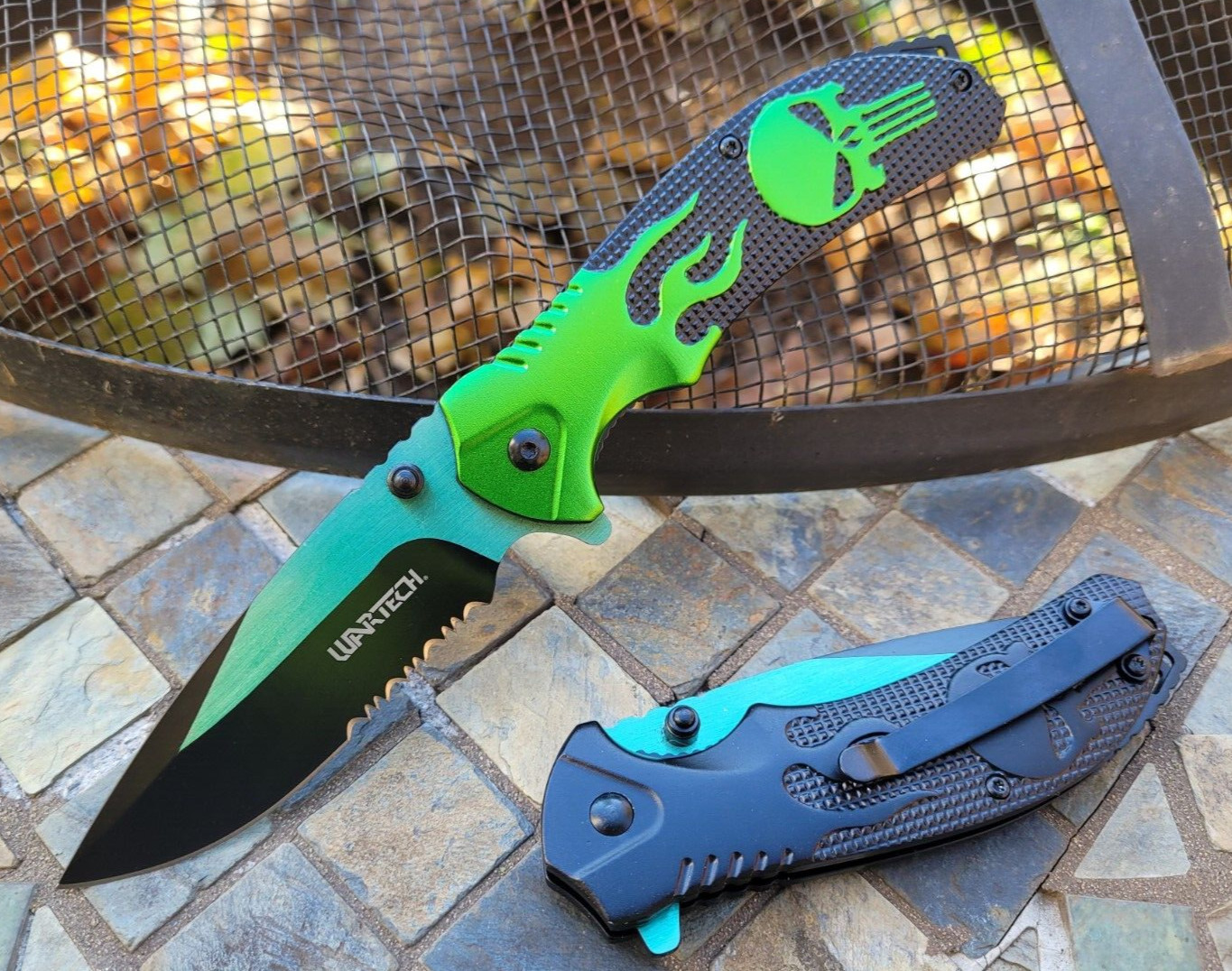 Monster Green Black Flames Punisher Skull Tip Up Spring Assisted Pocket Knife