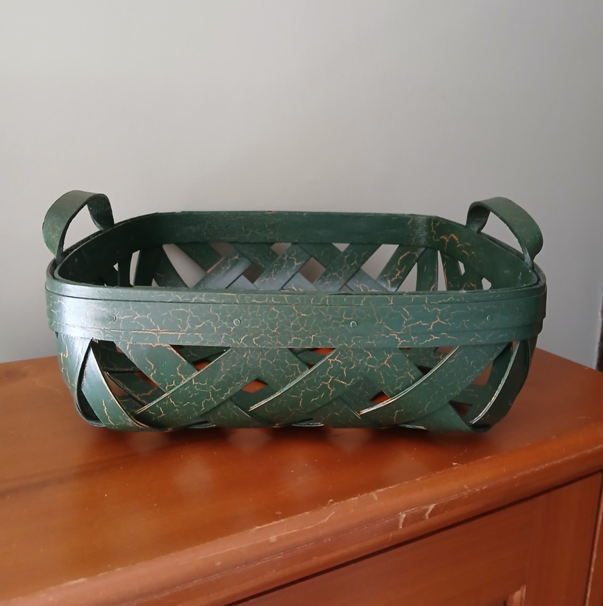 Henn Workshops Dark Green Painted Age Cracked Open Weave Basket with Handles