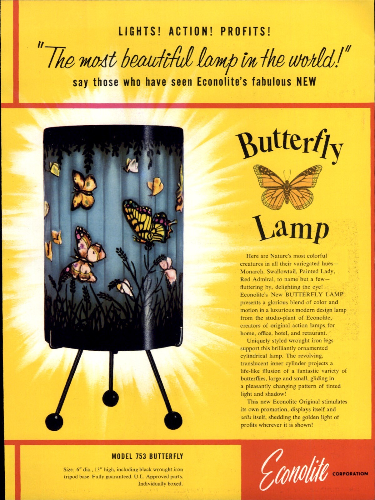 1955 PAPER AD 2 Sided Econolite Action Butterfly Fish Lamp Aquarium COLOR