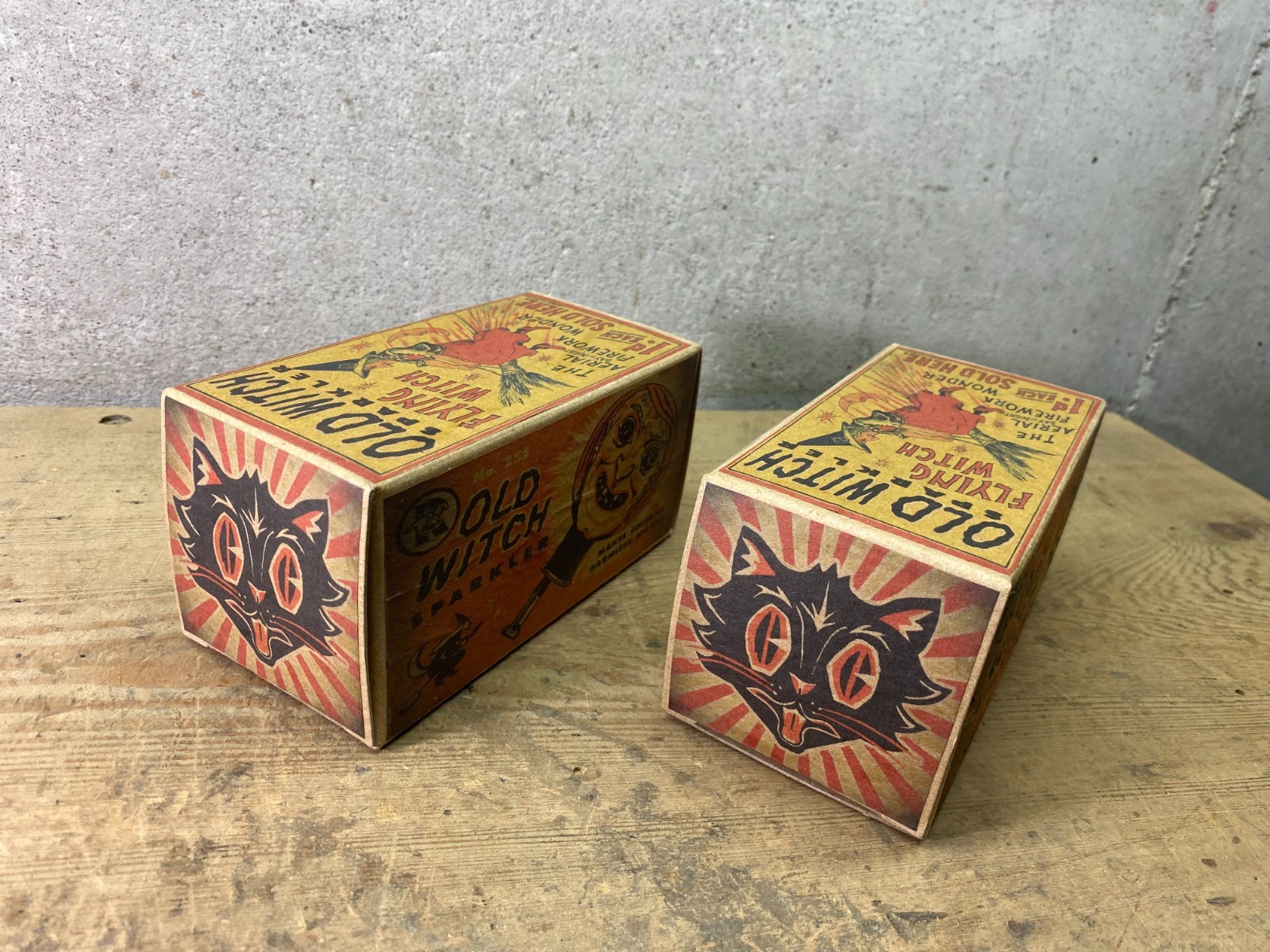 2 Card Boxes Old Witch Sparklers Empty Halloween Broom Witch