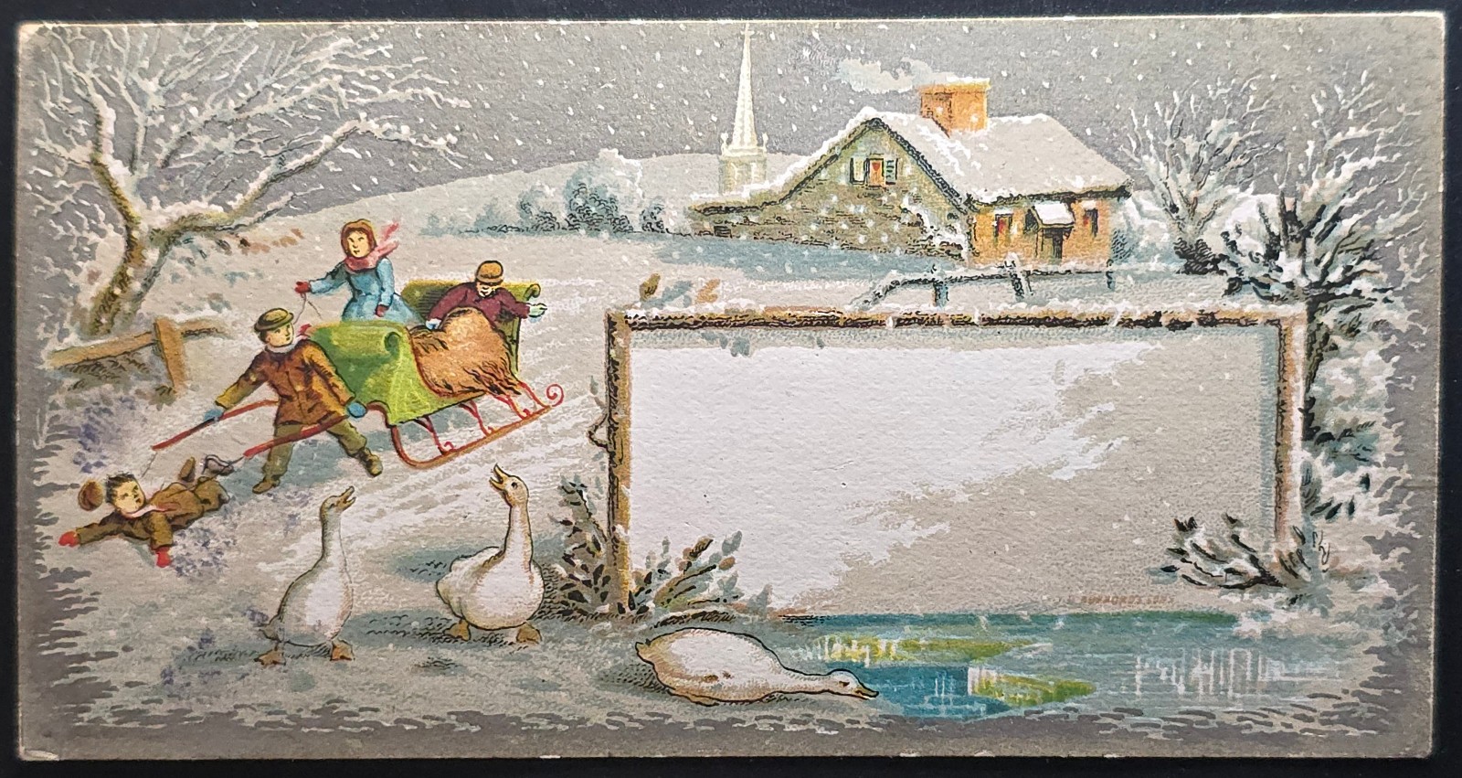 1900s Winter Sledding Postcard Children Geese Snow Cottage Scene