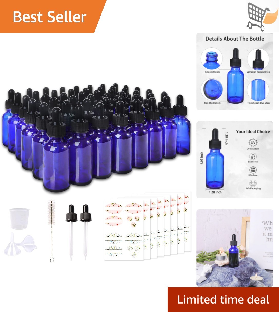 48 Pack Cobalt Blue Glass Dropper Bottles 30ml Essential Oils Travel