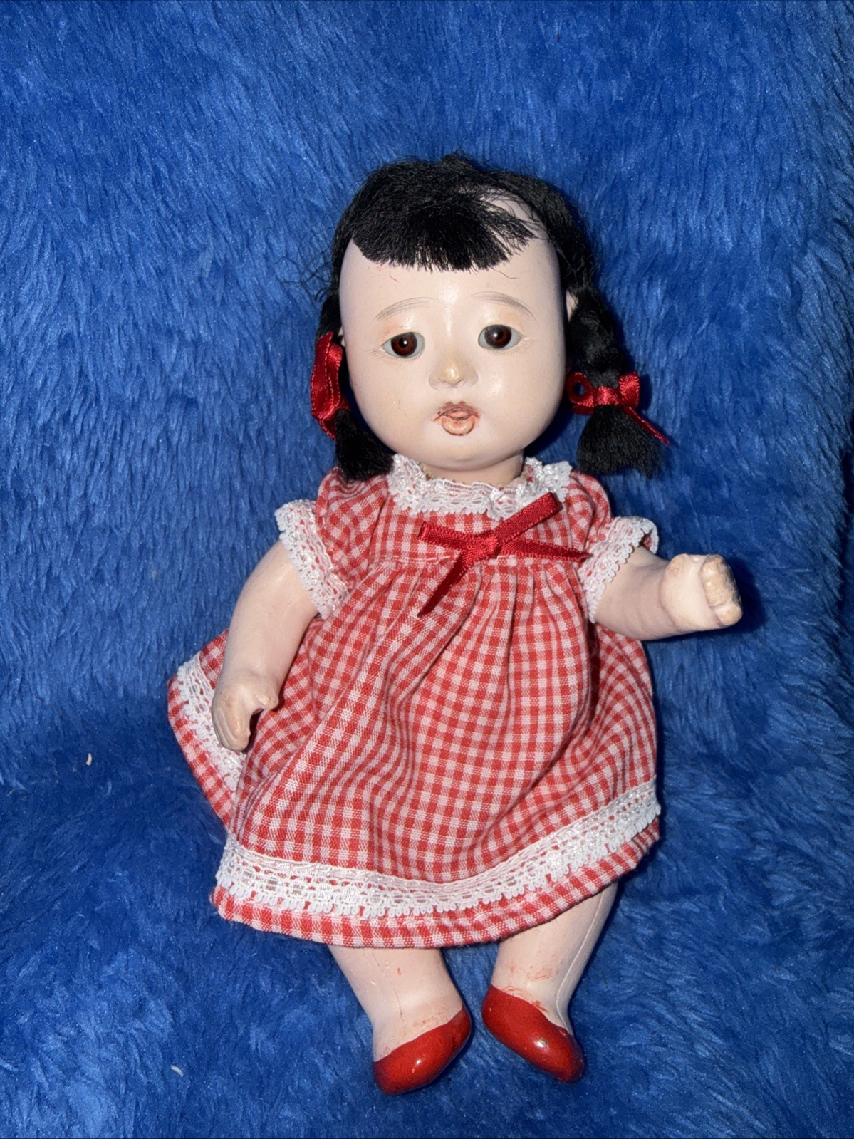 VTG Japanese Traditional Ichimatsu Gofun Asian Baby Doll 7” Braids