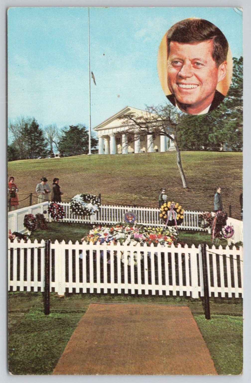 JFK Grave Arlington National Cemetery Virginia Postcard 1960s Custis Lee Mansion