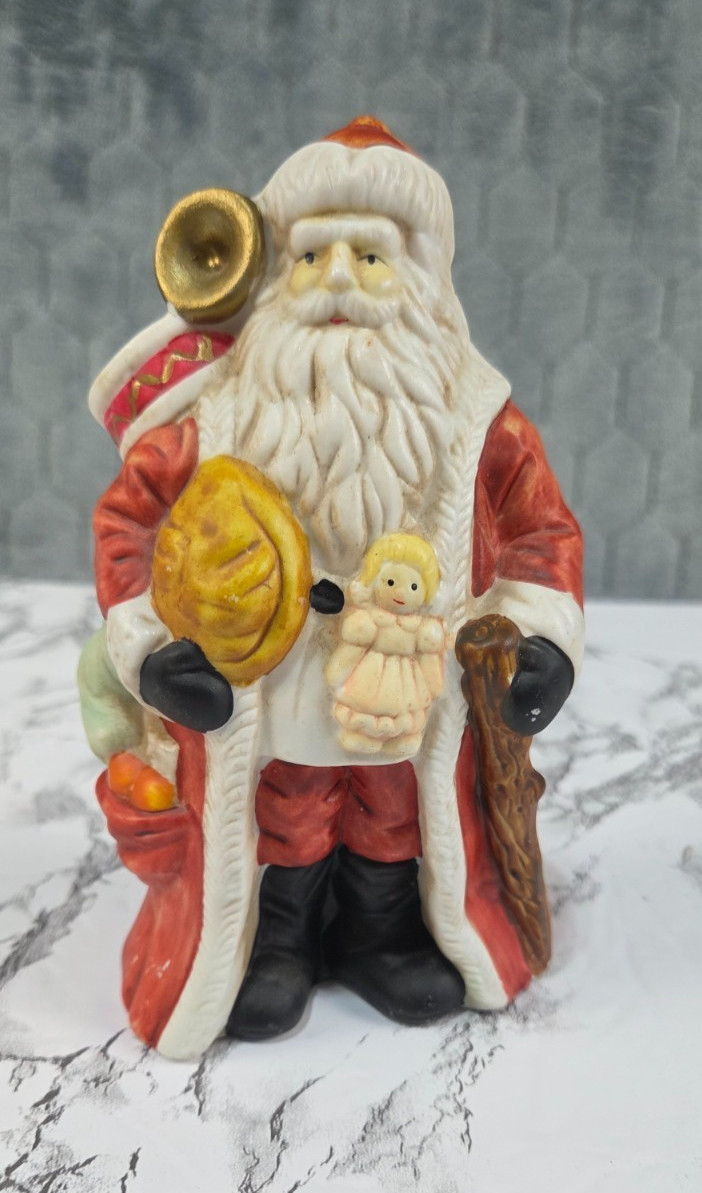 Santa Claus Hand Painted Figure Doll Herald Porcelain Collectible 6″ Tall Drum