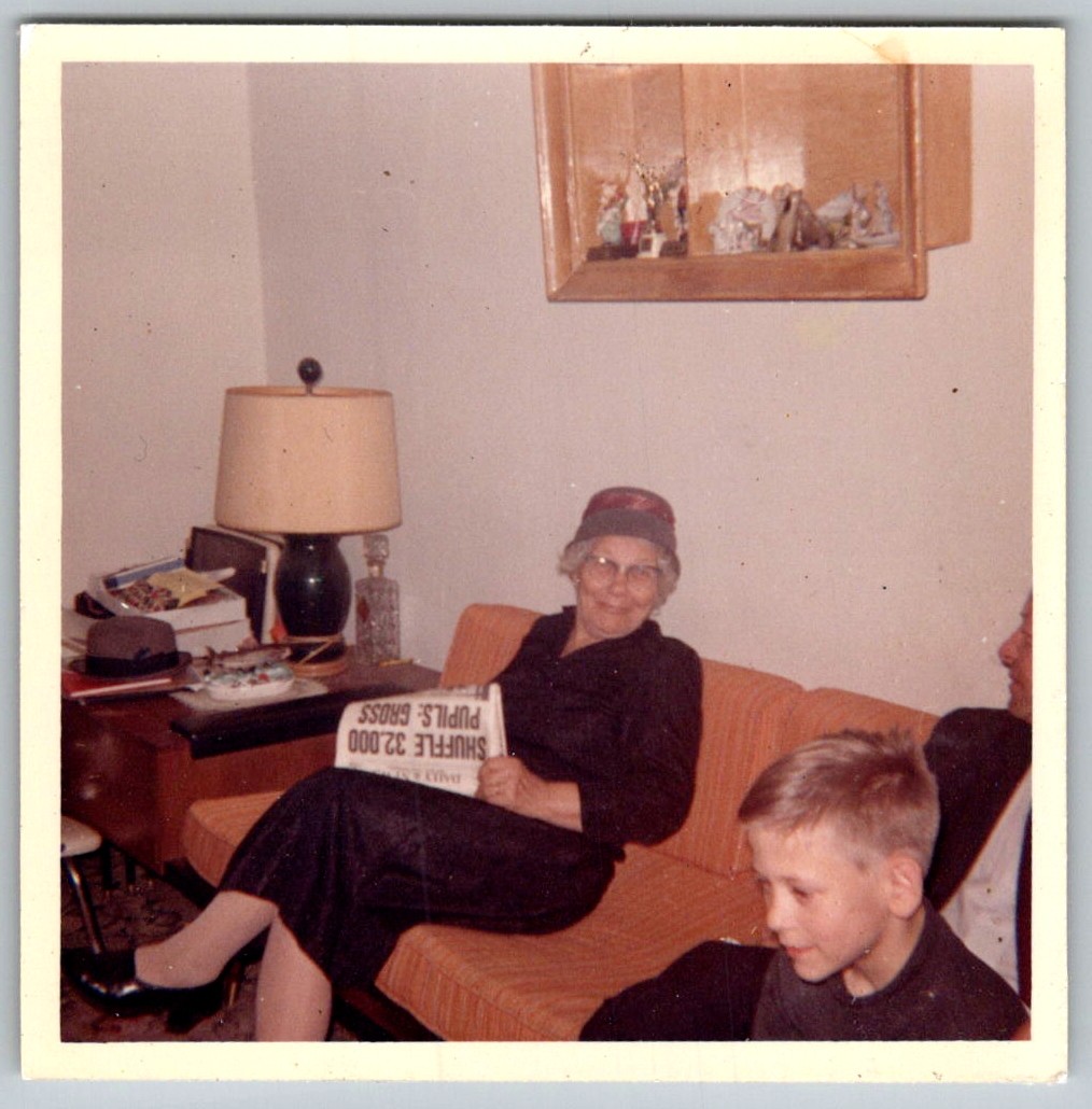 Vtg Color Snapshot Woman & Boy Living Room 1960s