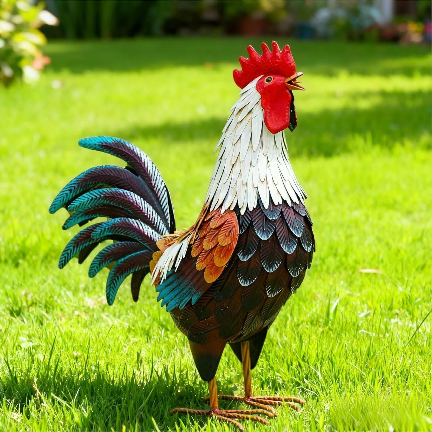 Metal Rooster Decor Yard Chicken Garden Statue Outdoor Patio Lawn Ornaments