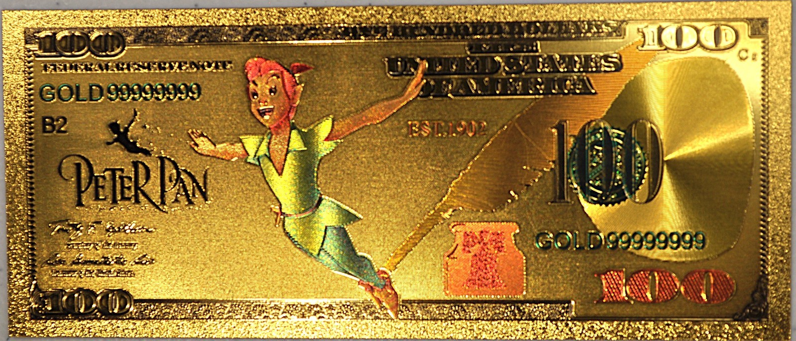 5pc Peter Pan Gold Foil Note Set Disney Inspired Collectible Novelty Banknotes