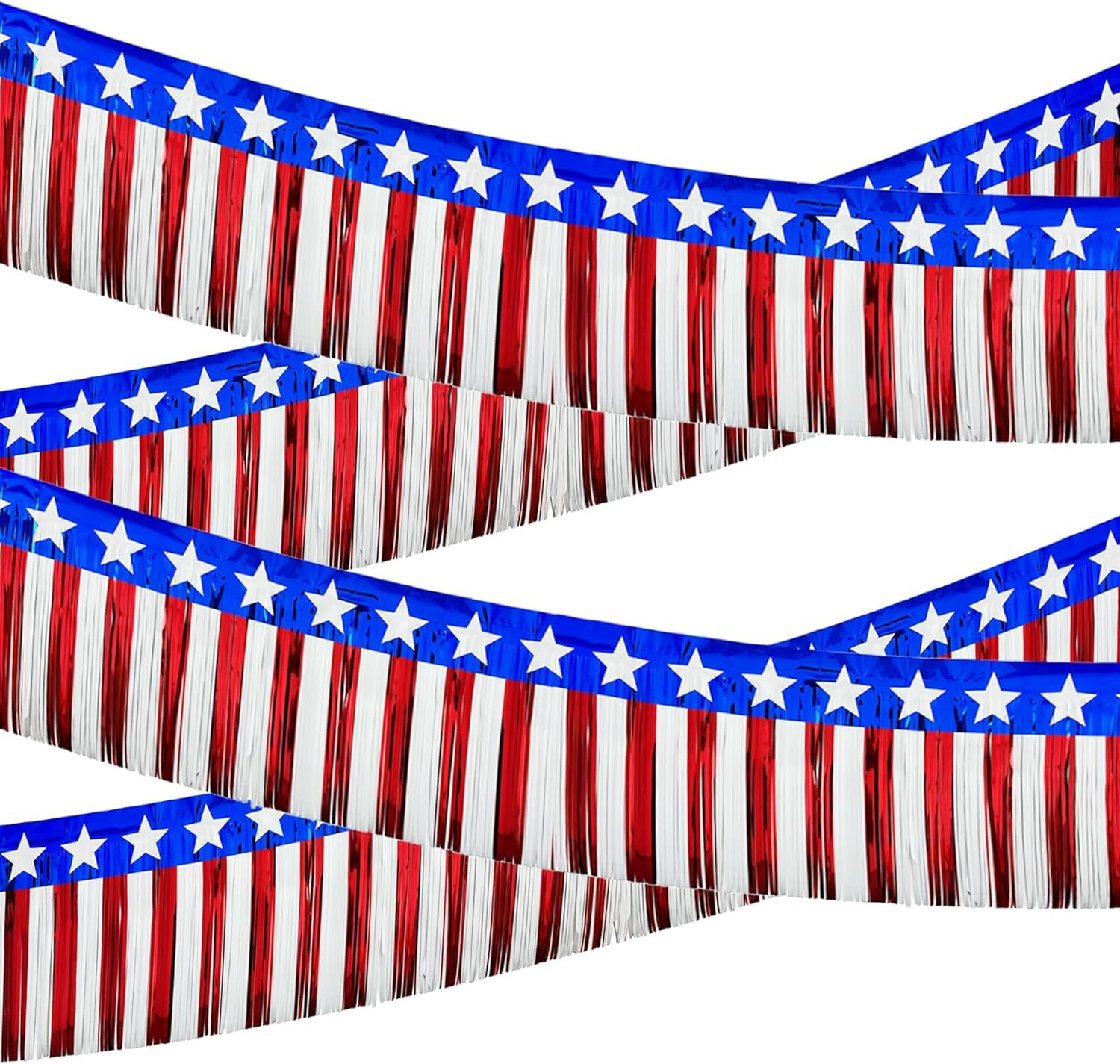 4 Packs 39Ft 4th of July Parade Floats Foil Fringe, Each 10 ft x 15” American F