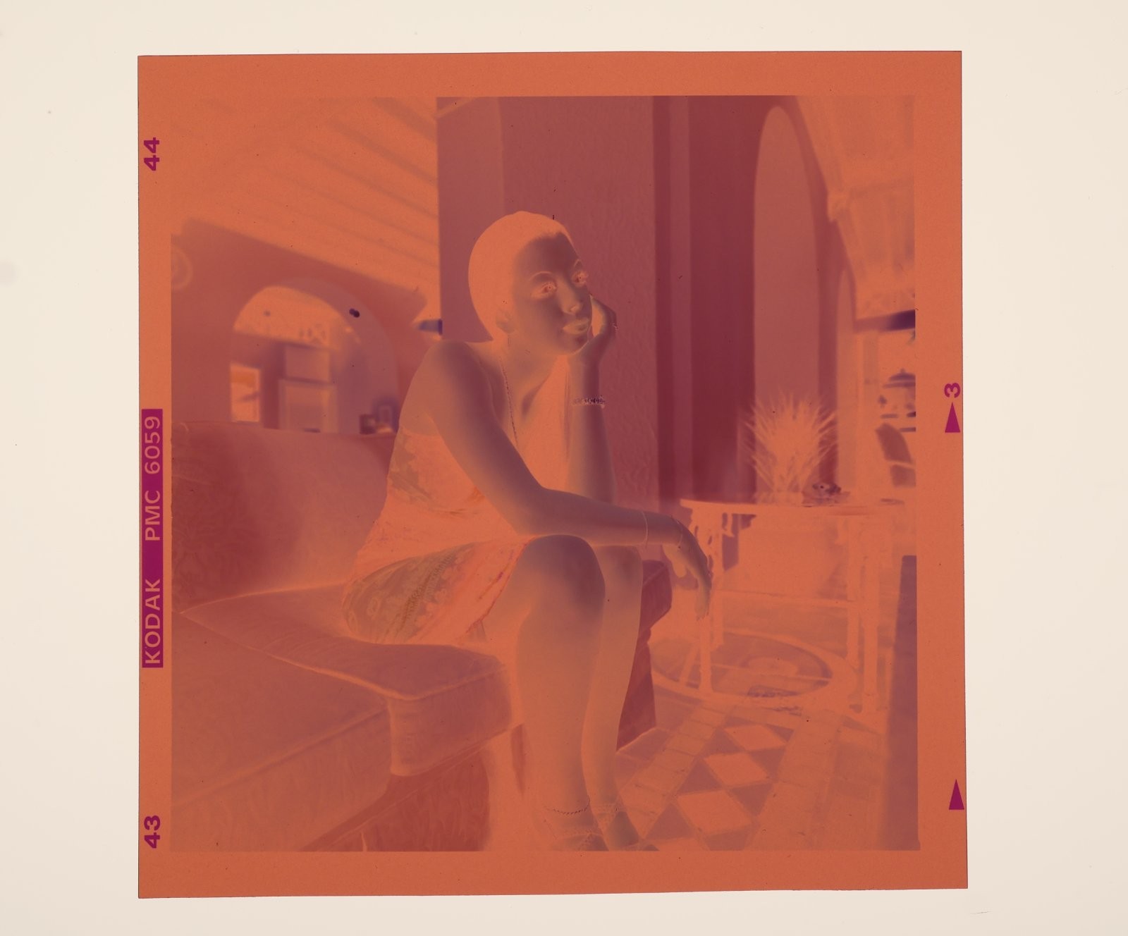 Vtg 120 Color Negative Woman Sitting Sofa Patterned Dress Jewelry Patio N-1081