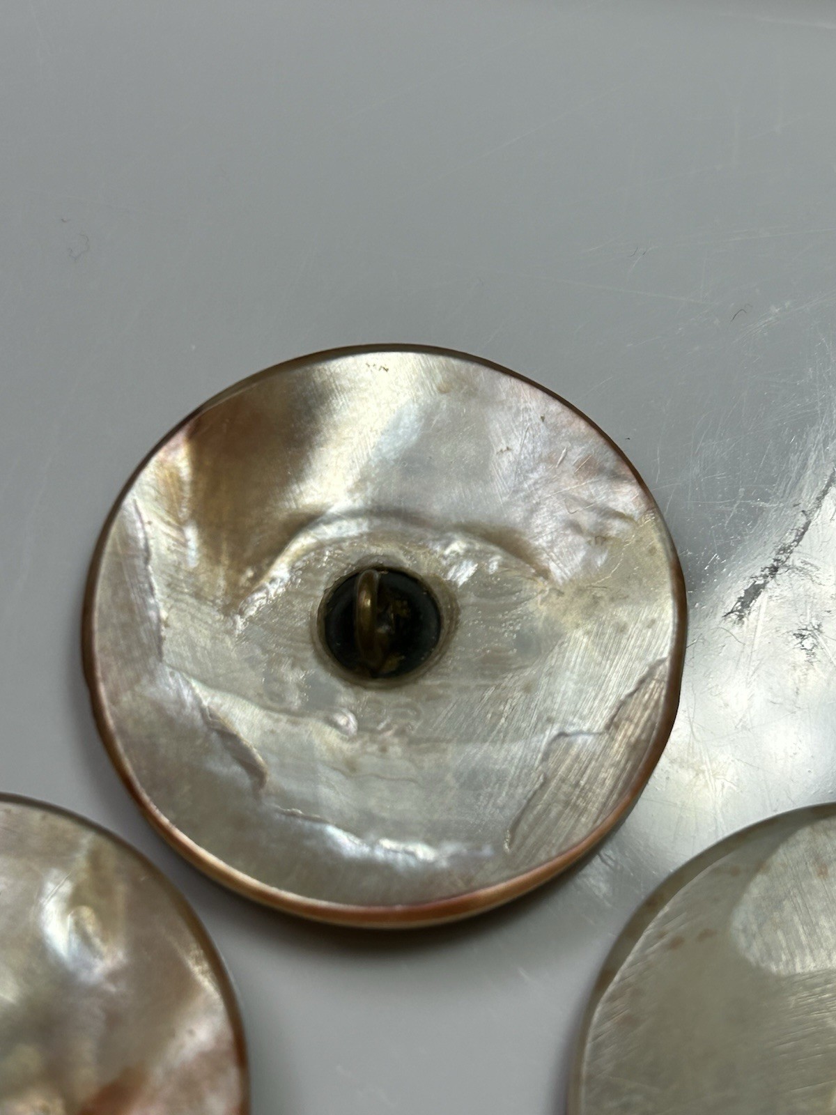 Button 8 Brown gray iridescent round 6-1 3/8 in 2-1 1/8 in VTG