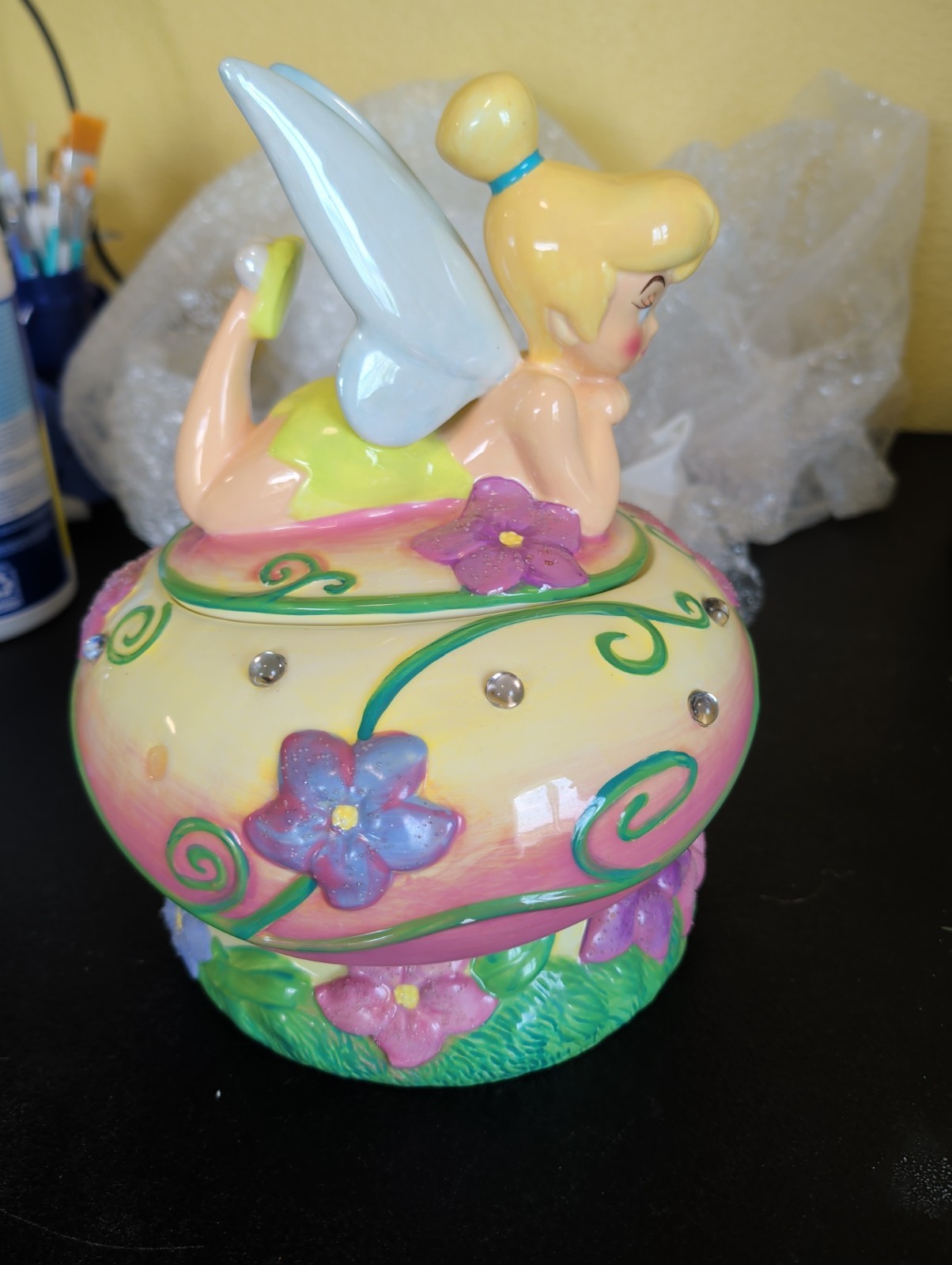 DISNEY TINKER BELL ON A MAGIC MUSHROOM WITH JEWELS & FLOWERS COOKIE JAR 11″ TALL